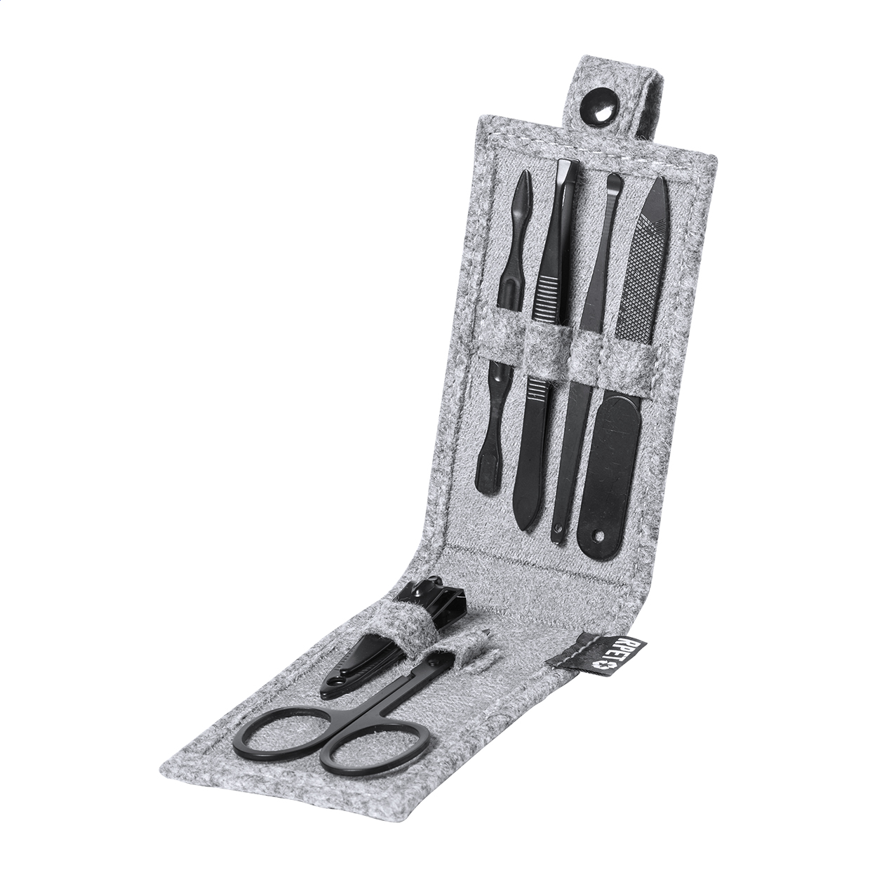Fenicul 6-delige rvs manicureset in etui van RPET-vilt, met logo