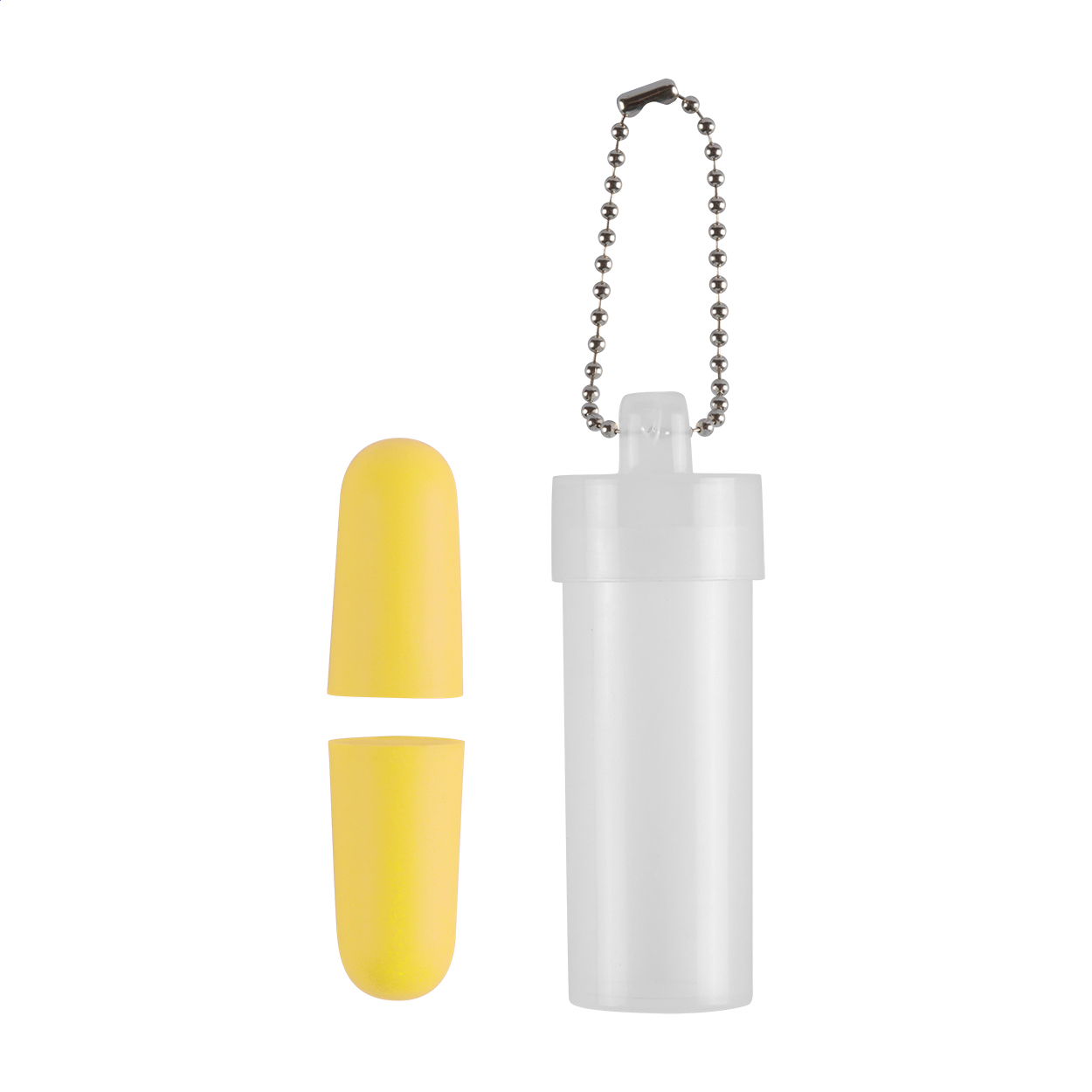 Plux gekleurde EVA oordopjes in transparant doosje met ketting, logo bedrukken met logo