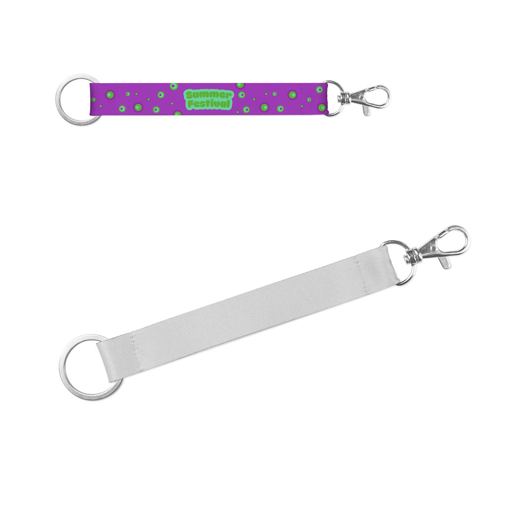 CRAWLEY. Korte polyester lanyard voor sublimatiedruk met standaard ring en karabijnhaak. bedrukken met logo
