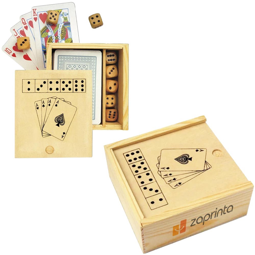 Houten speldoos met kaarten en dobbelstenen - Alken