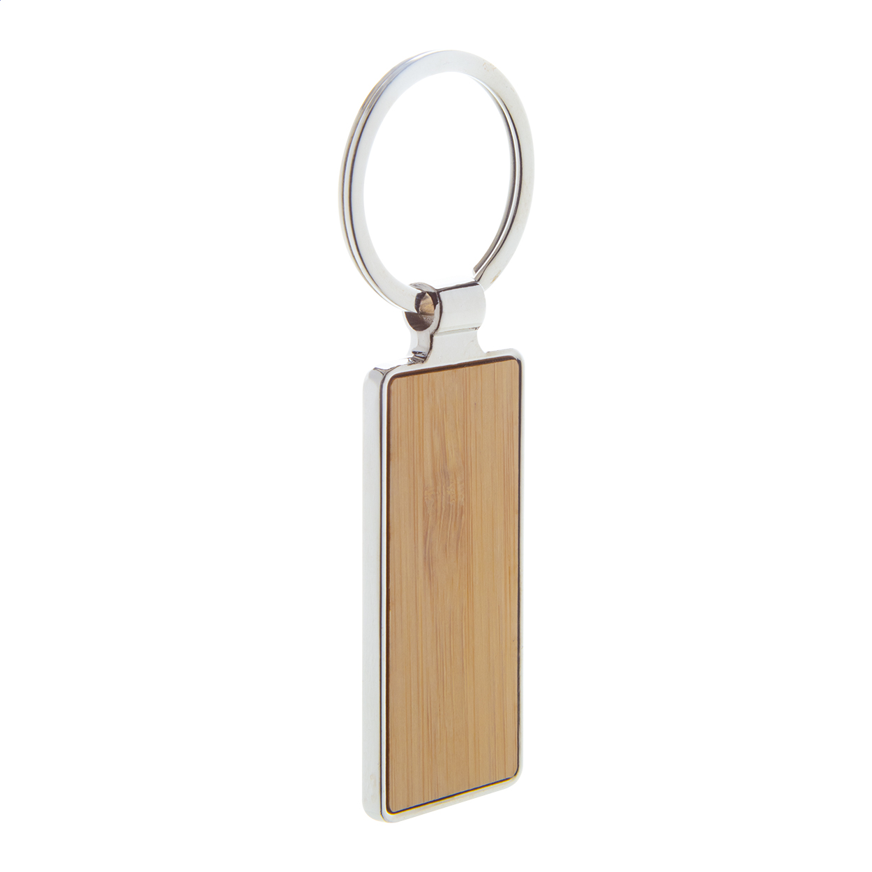 Sqorby rechthoekige metalen sleutelhanger met bamboe inzet en logo bedrukken met logo