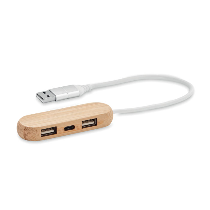 Bamboe 3-poorts USB-hub met dubbele invoer - Jabbeke