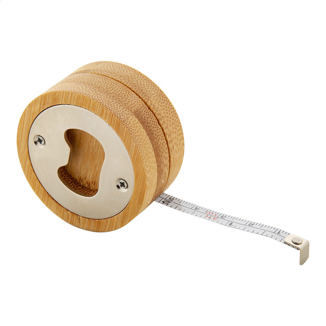 Meaboo ronde bamboe flesopener met rolmaat van 1 m en logo