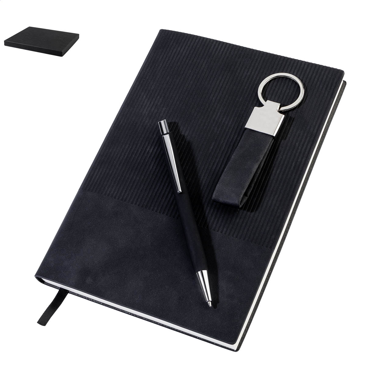 Dono Trio geschenkset met A5-notitieboek, pen en sleutelhanger, logo