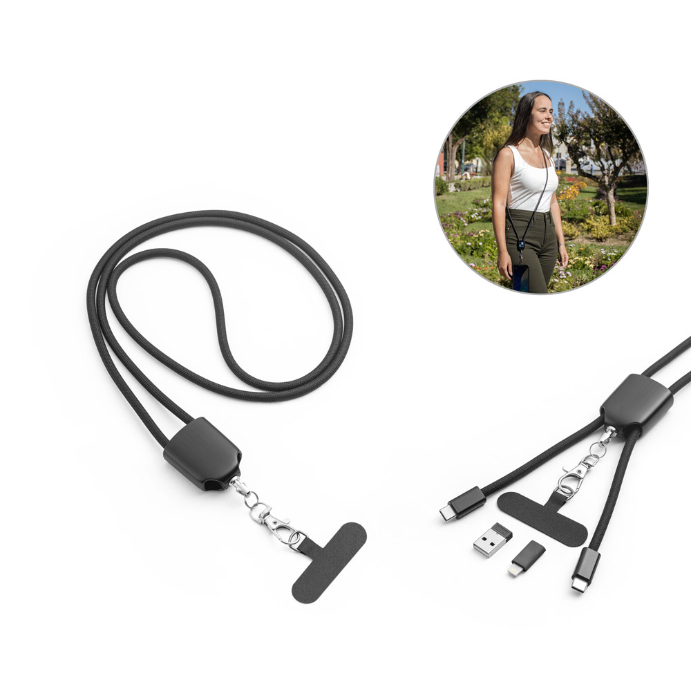 ZEWAIL. Lanyard met meegeleverde smartphonehouder, USB-C-kabel en diverse adapters van gerecycled ABS en gerecycled TPE.