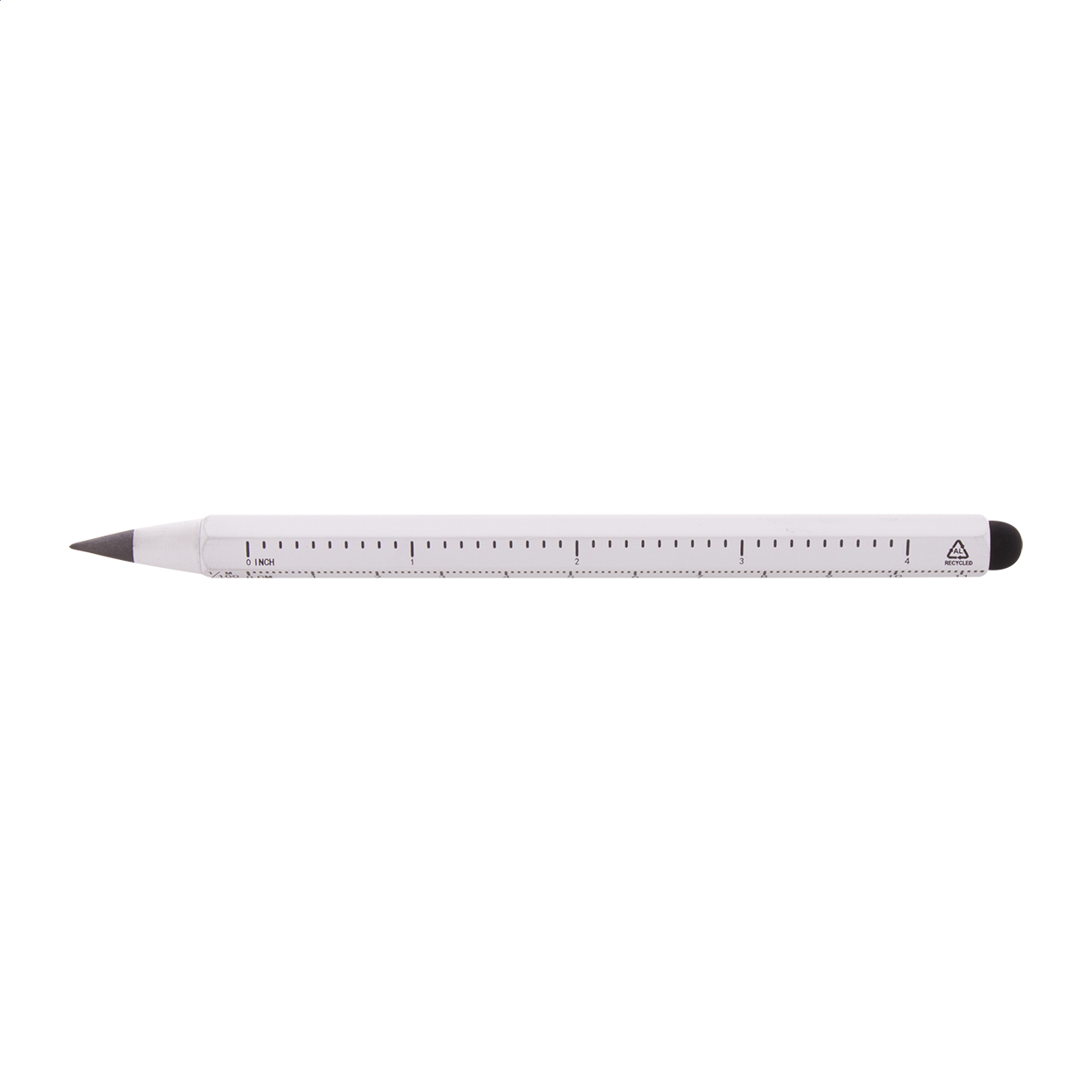 Ruloid inktloze pen van gerecycled aluminium met liniaal, stylus en logo