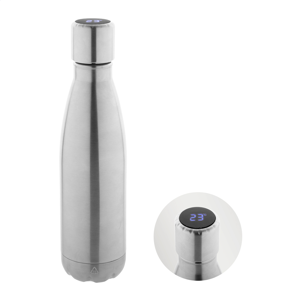 Reverest thermosfles van gerecycled rvs met LED-thermometer, 500 ml, met logo