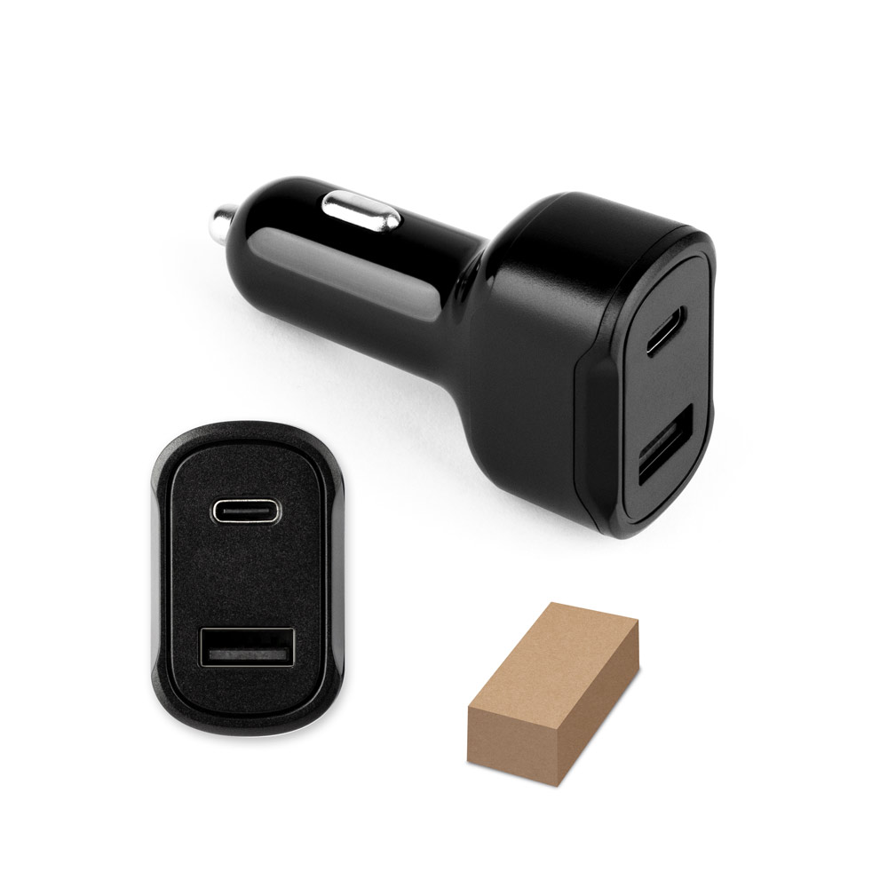 DIRAC. Sigarettenaansteker adapter met USB-A poort 18W en USB-C 20W in 100% rABS