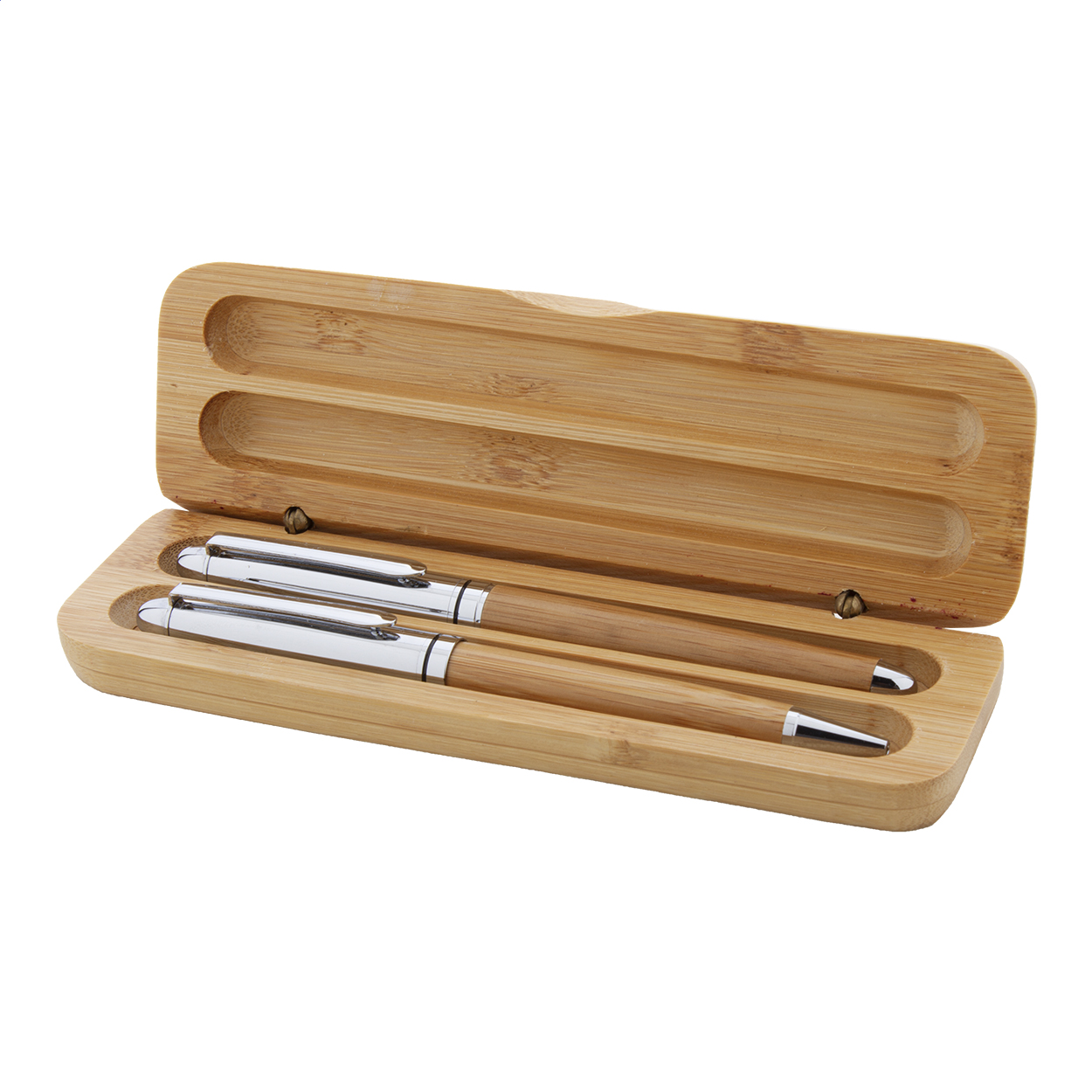 Chimon pennenset van bamboe en metaal in bamboe geschenkdoos met logo
