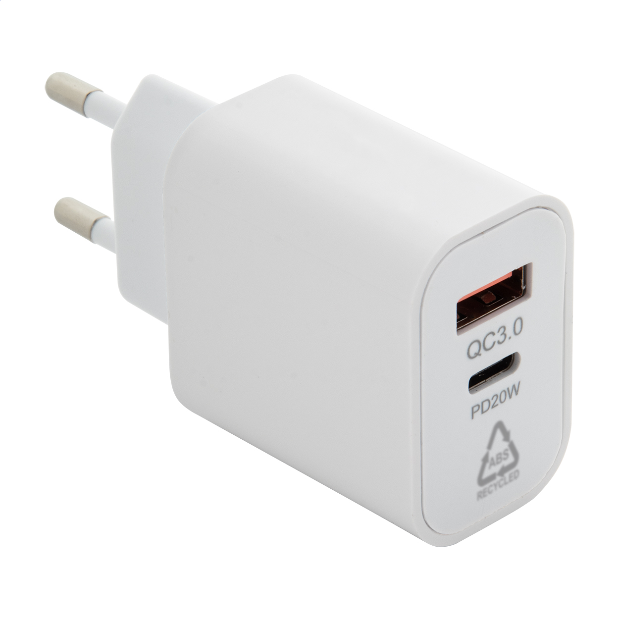 Recharge USB-wandlader van gerecycled ABS met logo, PD 20W