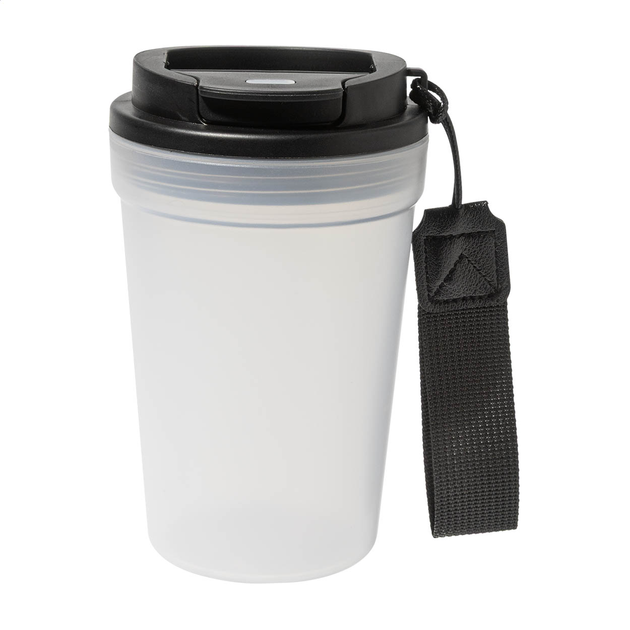 Frobbu reisbeker van gematteerd PP met draaglus, 400 ml, met uw logo bedrukken met logo