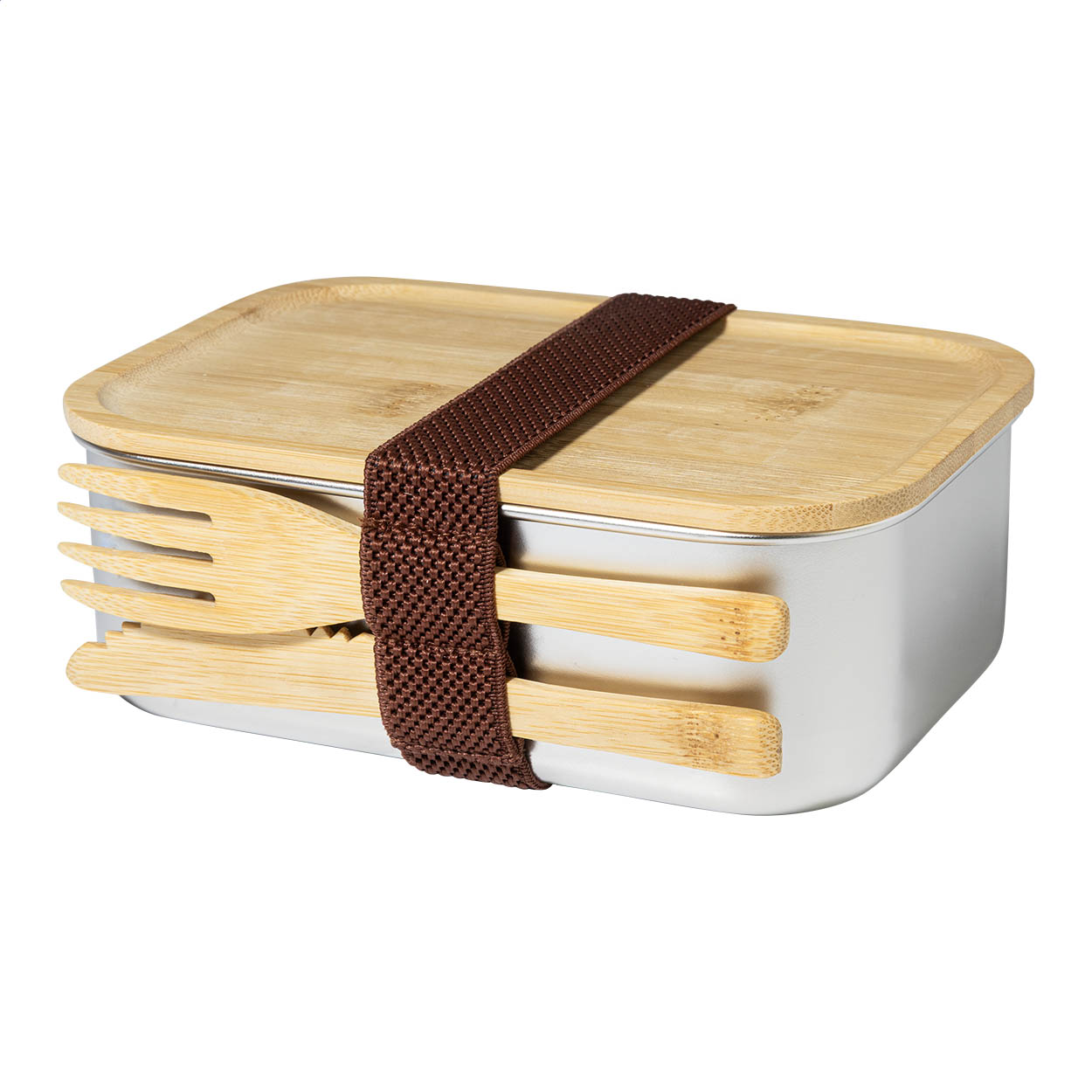 Curroca RVS lunchbox met bamboe deksel en bamboe bestek, met logo