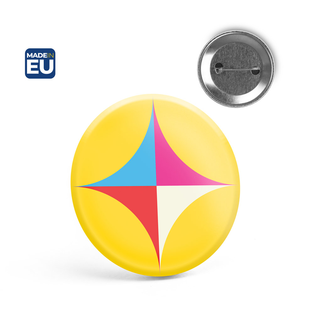Button P'IN 9 met speld, bedrukt met logo, ø59 mm