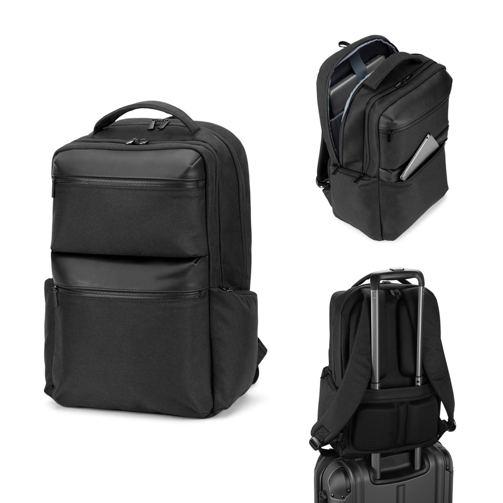 COPENHAGEN. Waterafstotende rugzak van gerecycled keperstof met twee grote voorzakken 17". bedrukken met logo