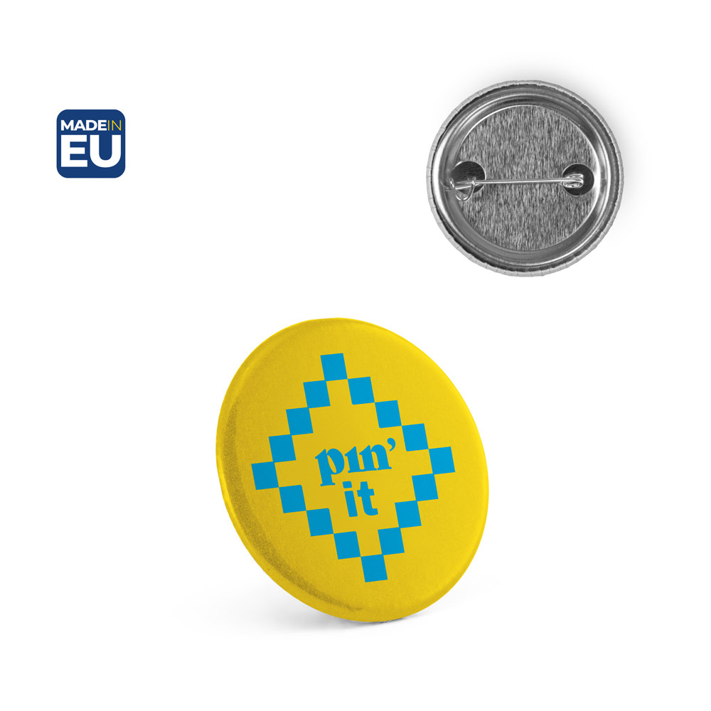 Button P'IN 3 met speld, bedrukt met logo, ø38 mm