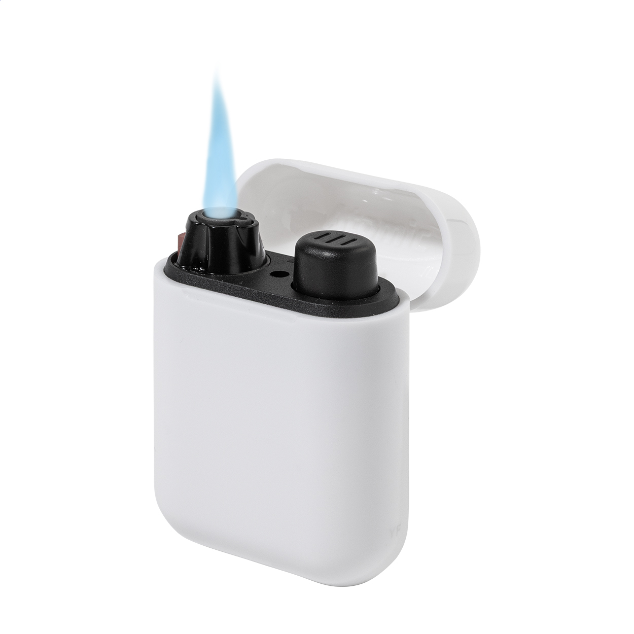 Podlight jetaansteker met logo in behuizing in oordopjesstijl bedrukken met logo