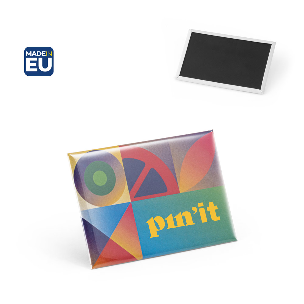 Button P'IN 15 magnetisch en rechthoekig, bedrukt met logo, 80 × 53 mm