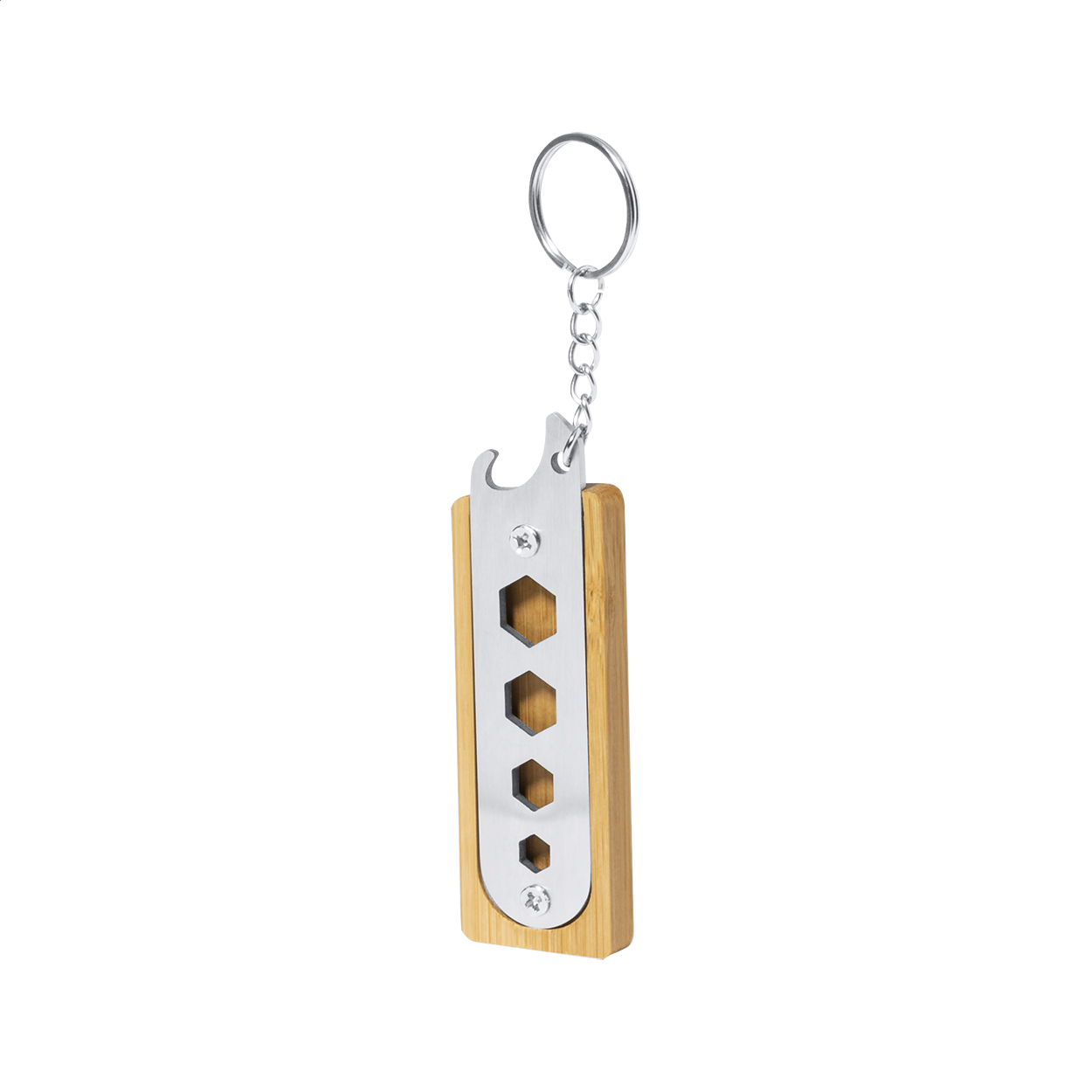 Farina multitool sleutelhanger van bamboe en rvs met flesopener en logo