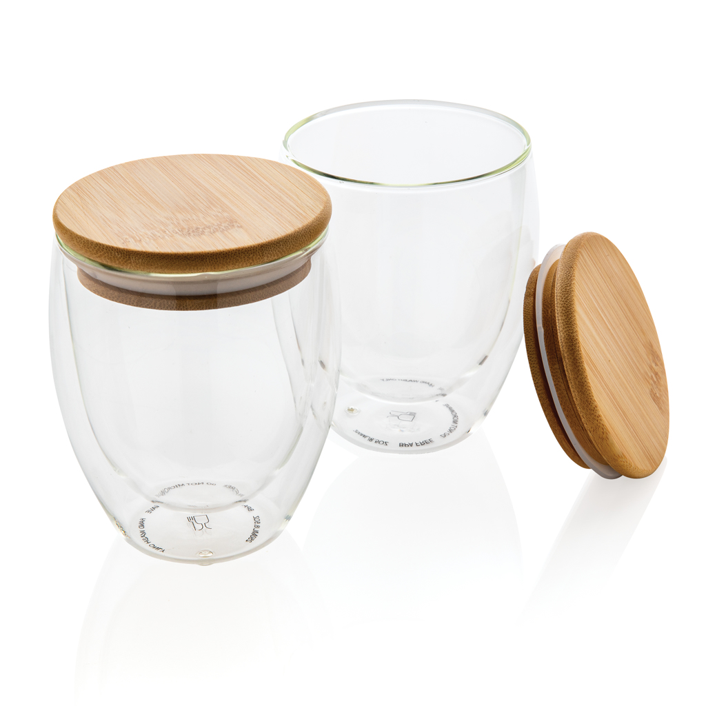 Dubbelwandige borosilicaat glazen met bamboedeksel 250ml 2-delige set - Vladslo