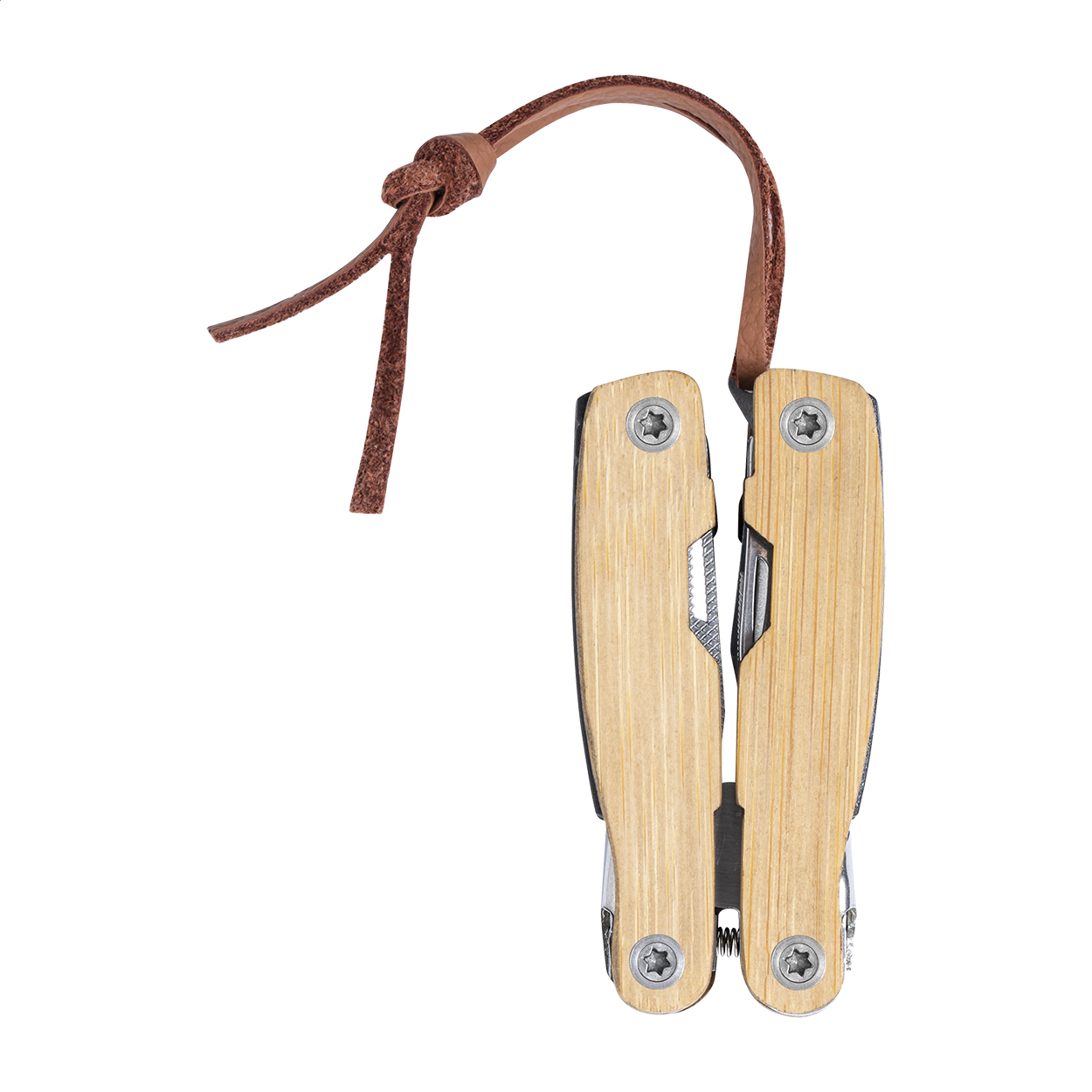 Hakim rvs multitool met bamboe handvatten en 12 functies, met logo