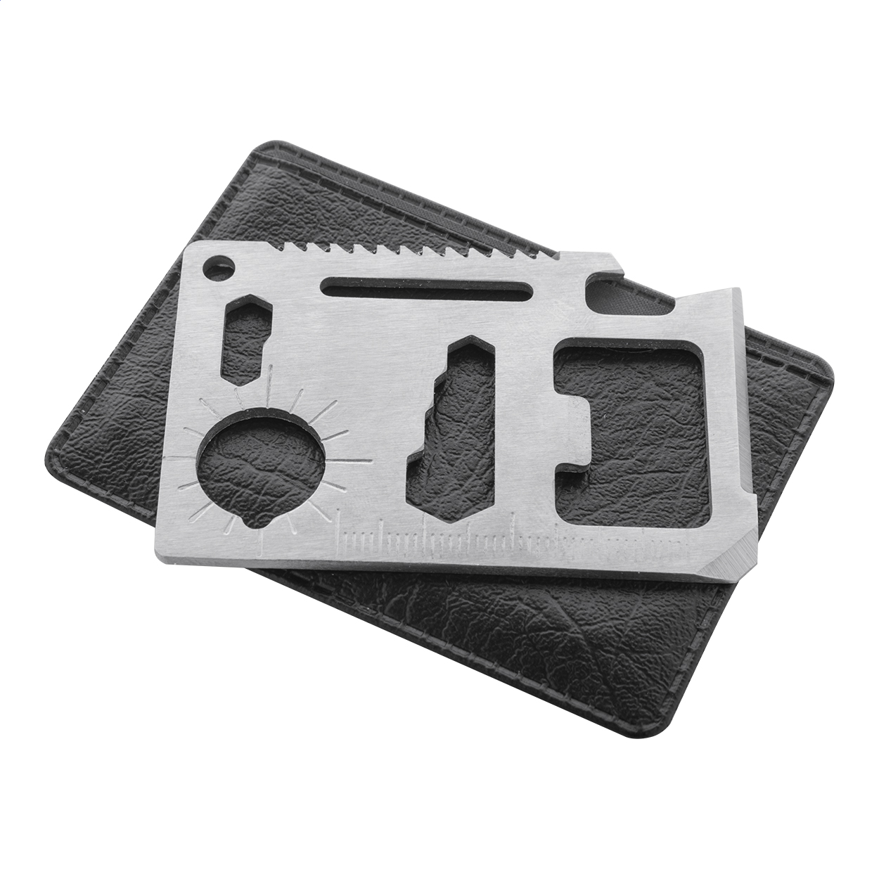 Gyver rvs multitool in creditcardformaat met 11 functies en logo