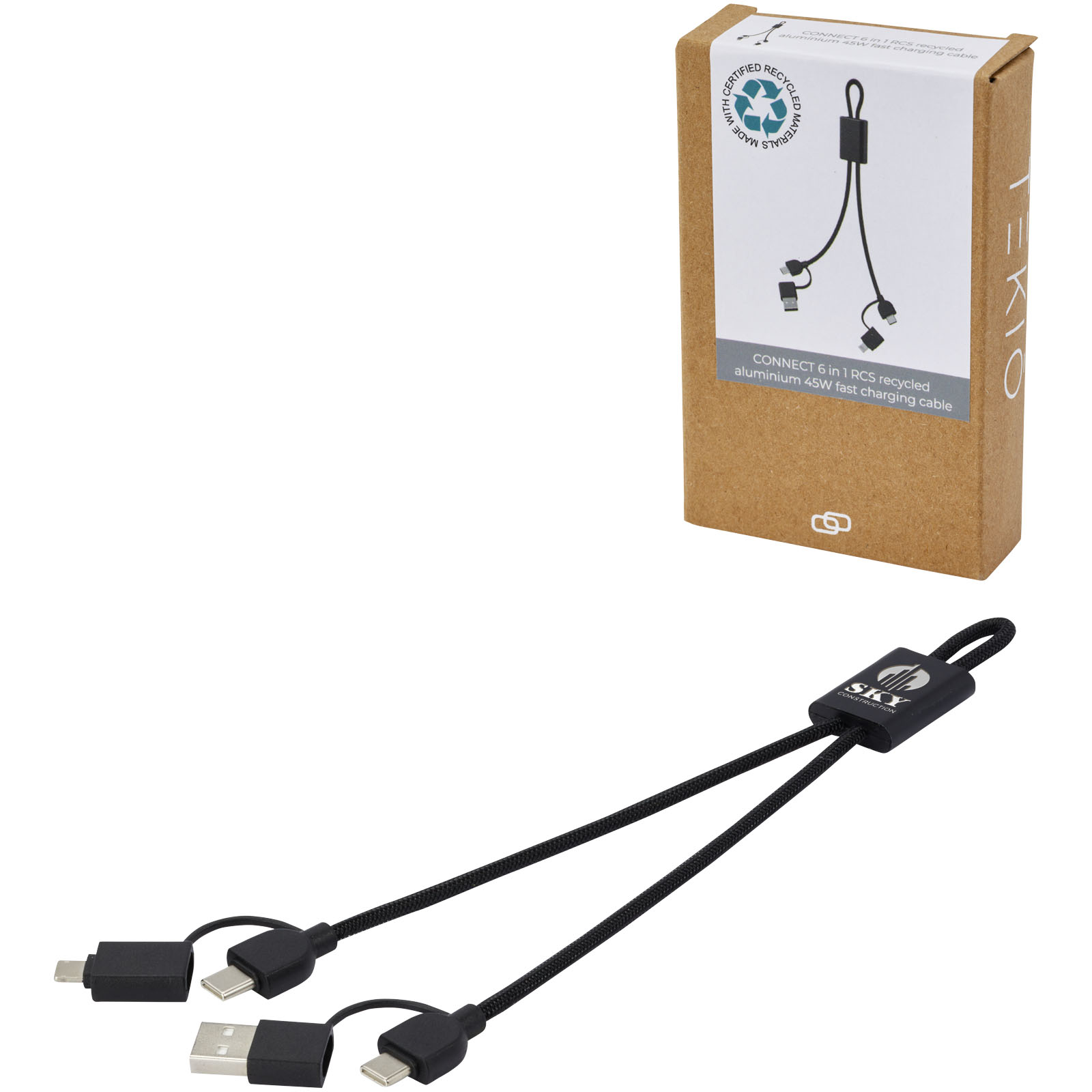 Multiconnect Snellaadkabel 6-in-1 gerecycled aluminium 45W - Jabbeke bedrukken met logo
