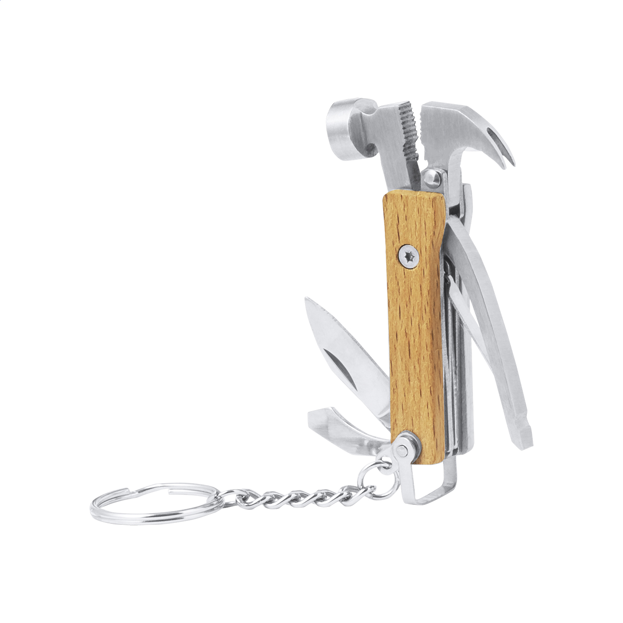 Hemverk rvs multitool sleutelhanger met houten heft en 7 functies, logo bedrukken met logo