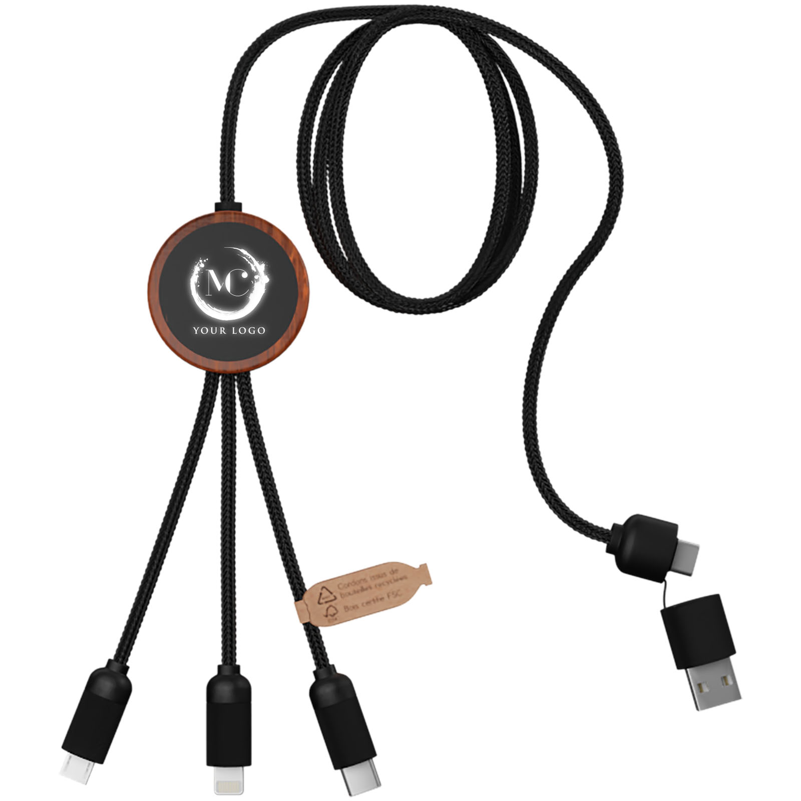 SCX.design C37 40W 5-in-1 oplaadkabel van rPET met oplichtend logo, rond bamboe omhulsel