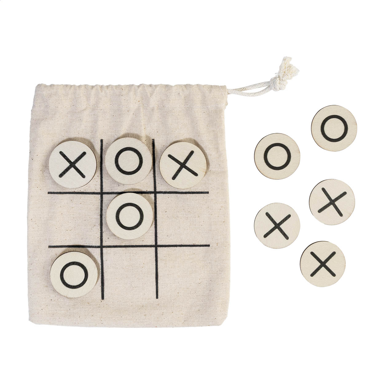 Ticbag houten boter-kaas-en-eieren spel in katoenen zakje met logo