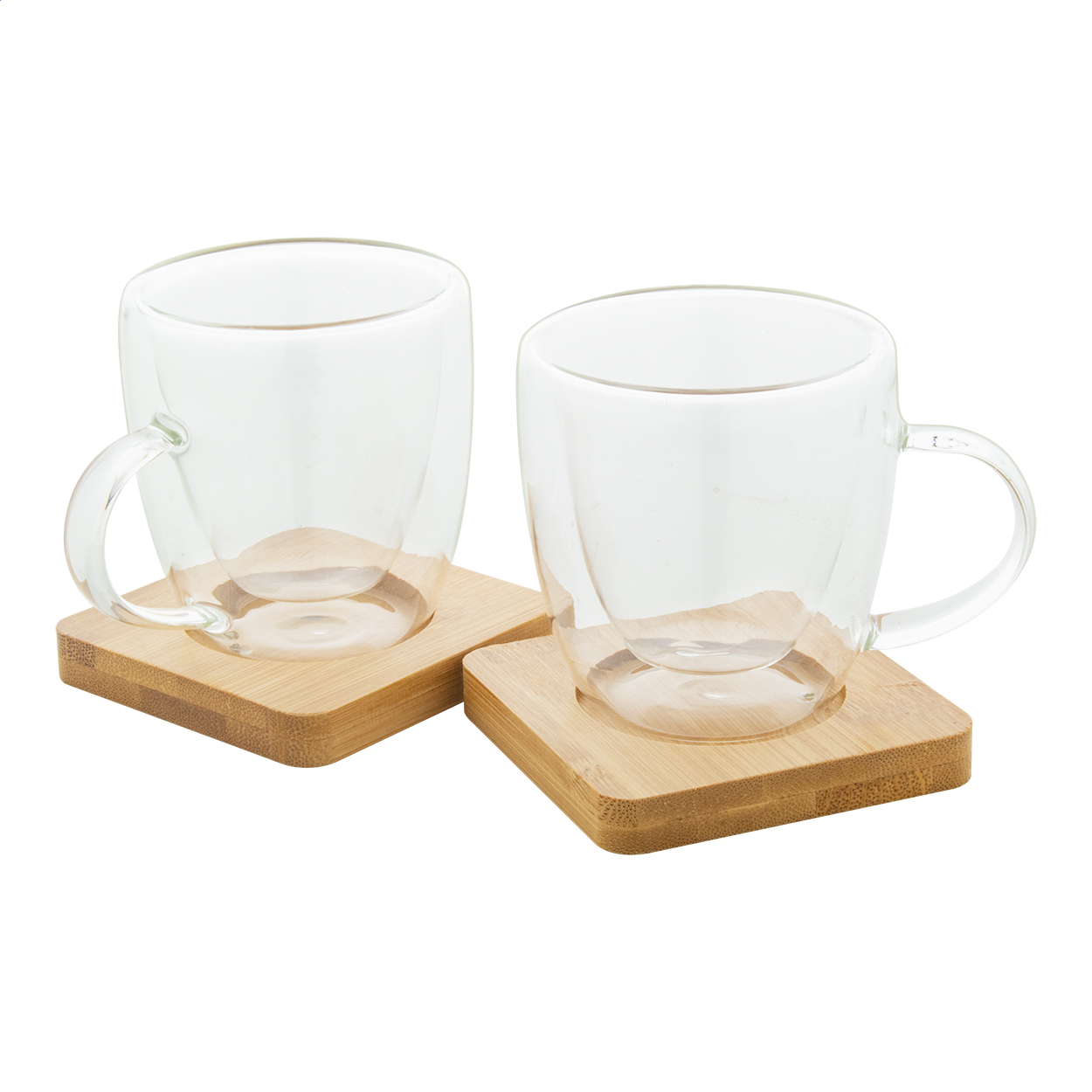 Mocaboo set van 2 dubbelwandige glazen espressokopjes met bamboe schotels bedrukken met logo