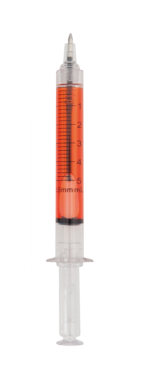 Vaccine balpen in de vorm van een injectiespuit met vloeistof, logo