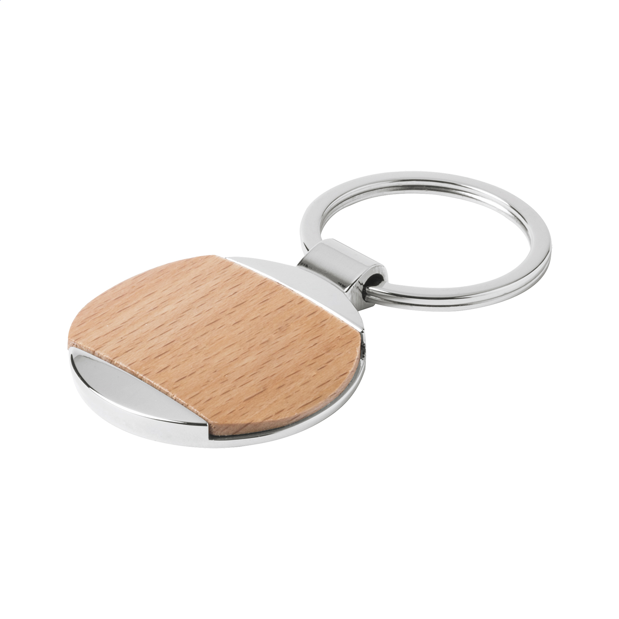 Mewok sleutelhanger van hout en metaal, bedrukt met uw logo