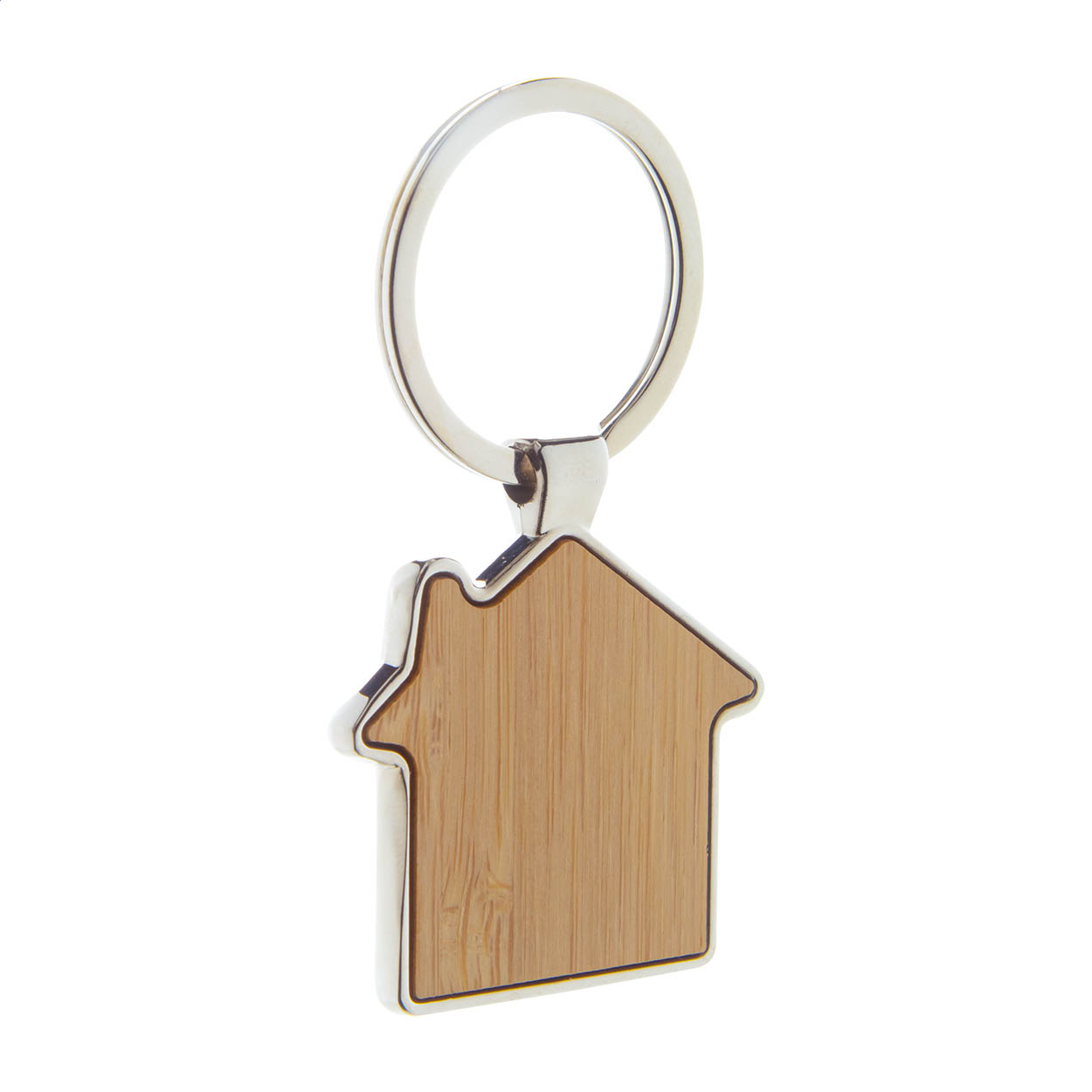 Horby huisvormige metalen sleutelhanger met bamboe inzet en logo bedrukken met logo