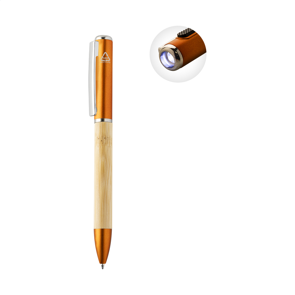 Penboo draaibalpen van bamboe en gerecycled ABS met LED-lampje en logo