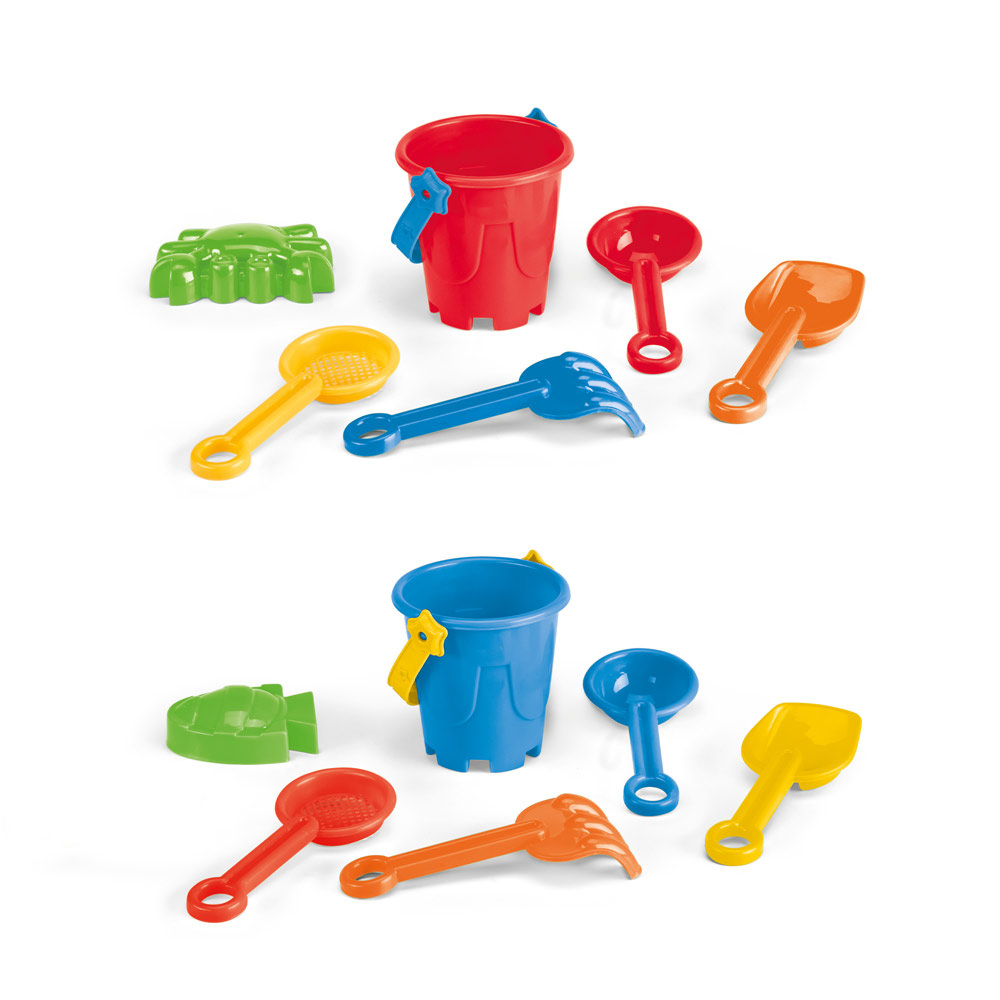 VALLARTA. PP strandemmer met 5 accessoires: 3 scheppen, 1 hark, 1 vis of 1 krab