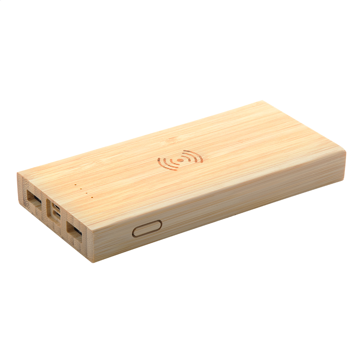 Wooster bamboe powerbank 6000 mAh met draadloze oplader en logo