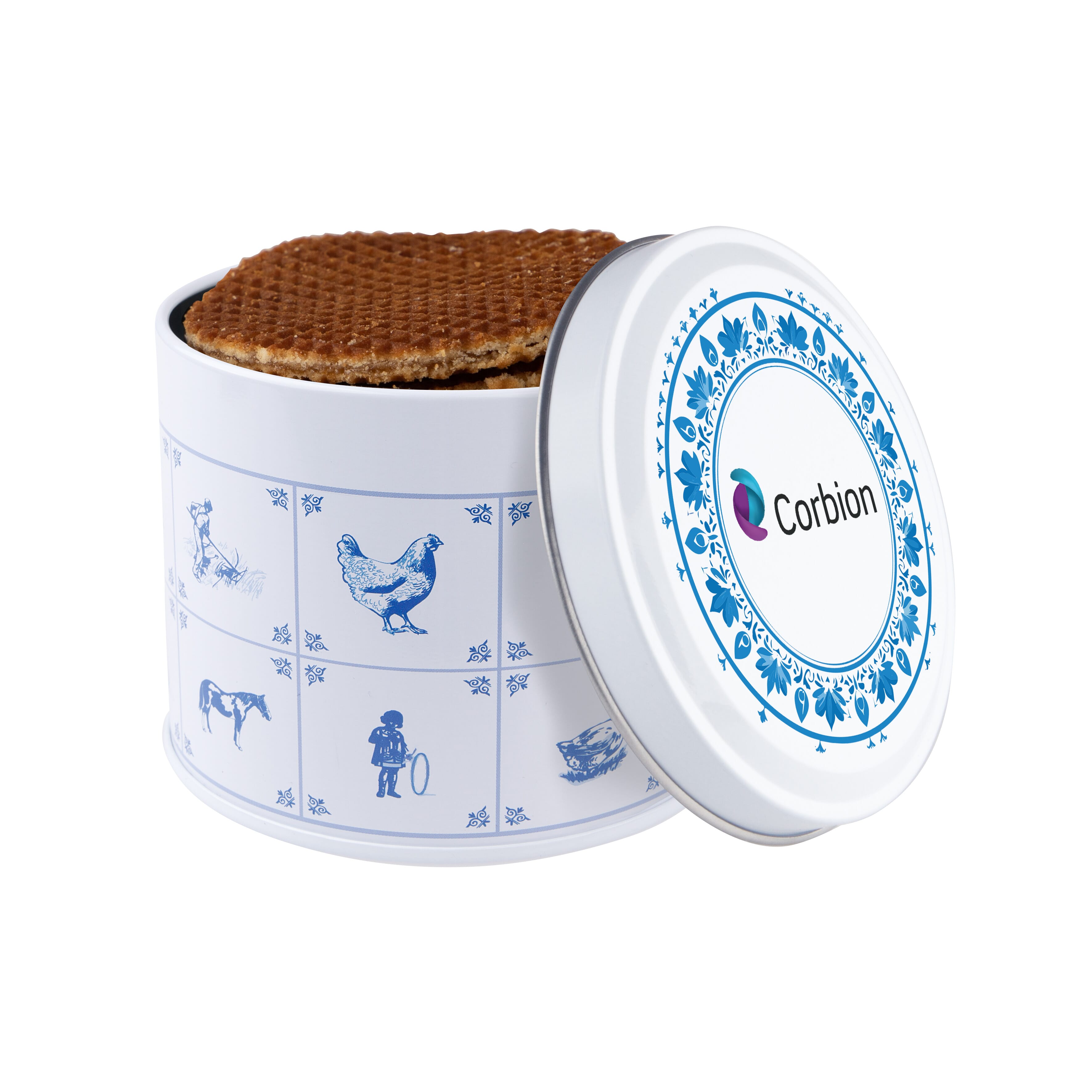 Delfts blauw blik met stroopwafels - Wortegem-Petegem bedrukken met logo