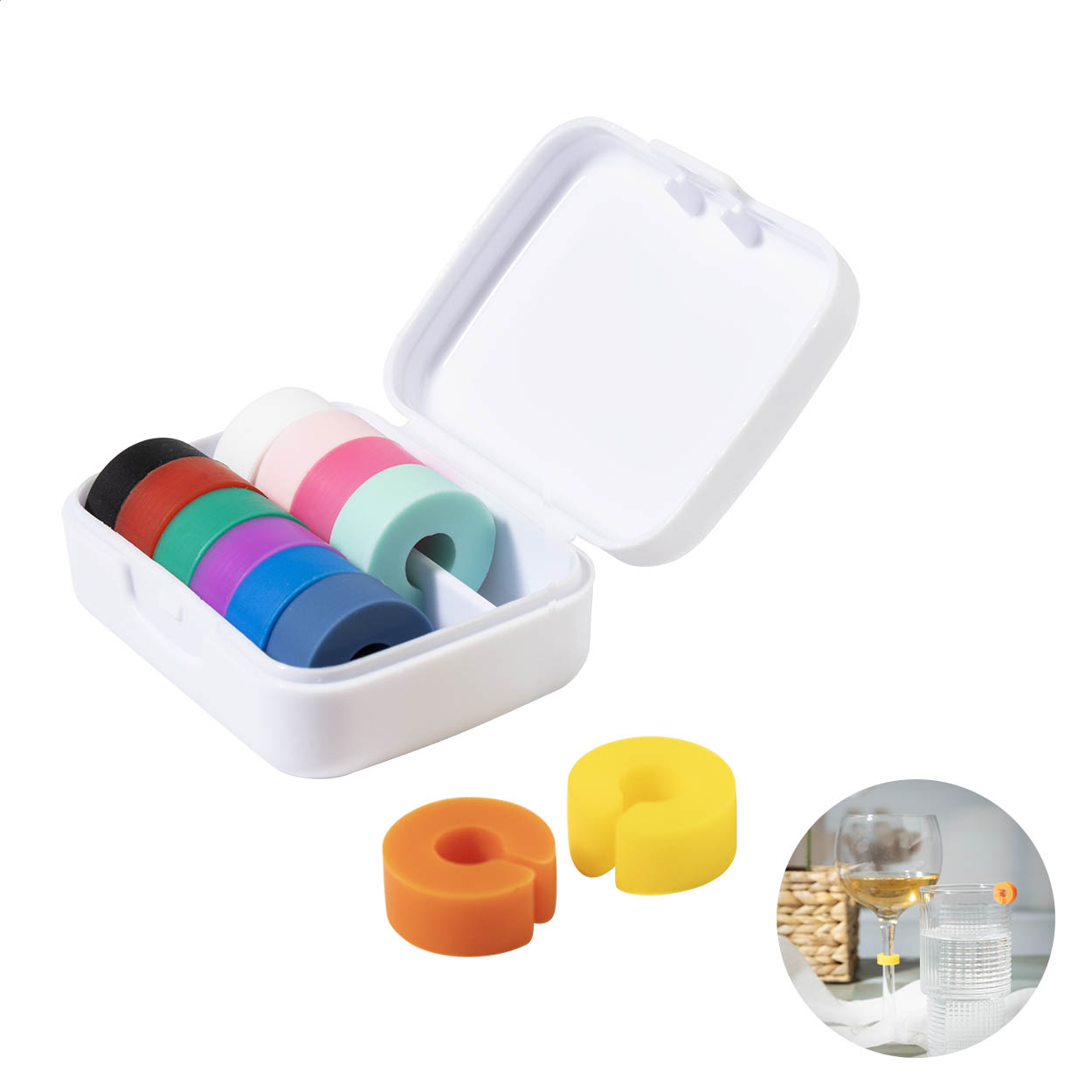 Cupperty set van 12 siliconen glasmarkeerders in gerecyclede PP-doos bedrukken met logo