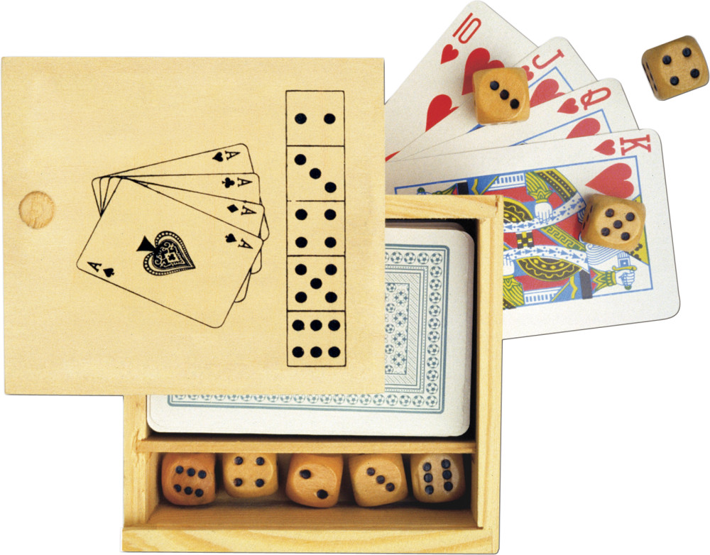 Houten speldoos met kaarten en dobbelstenen - Alken