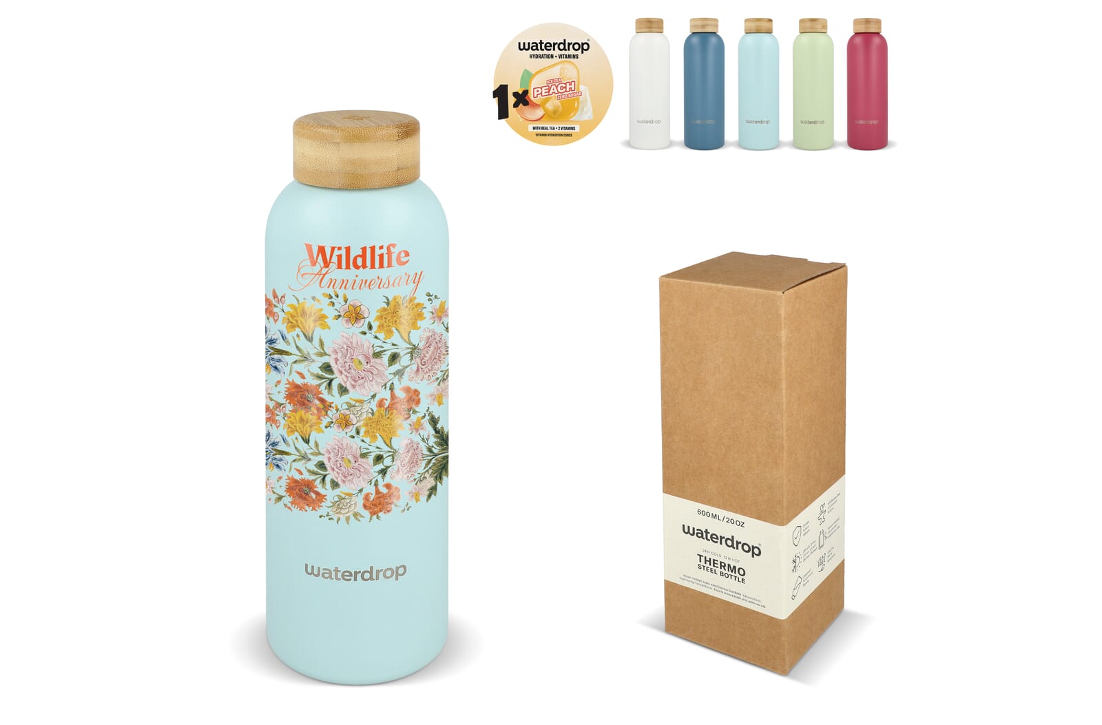 Waterdrop Roestvrijstalen Fles met Bamboe dop 600ml