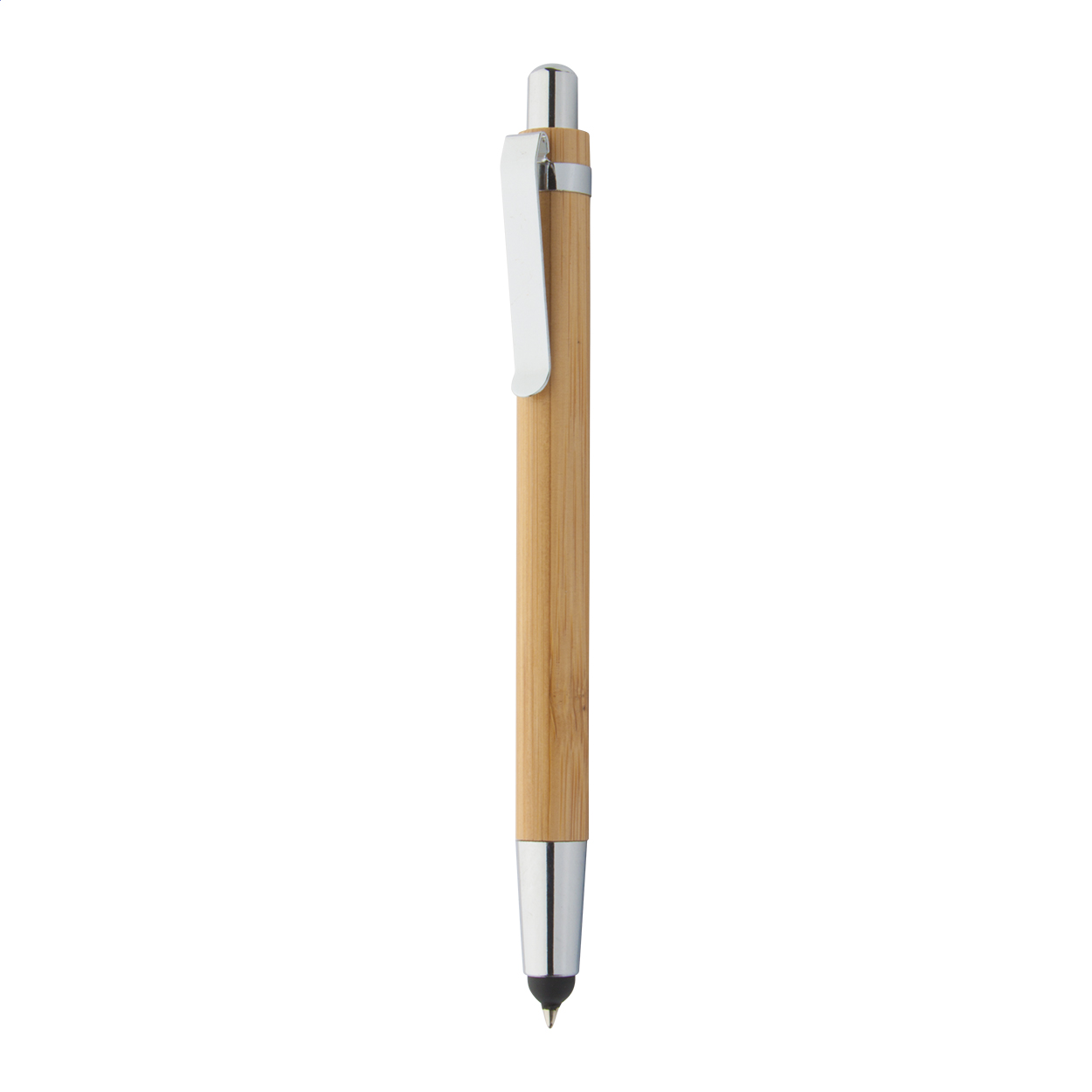 Tashania Black bamboe touch balpen met metalen clip, zwarte inkt, logo