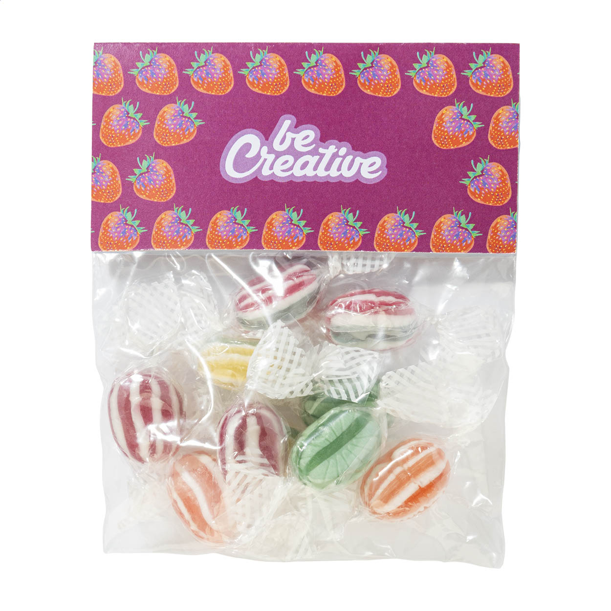 CreaCandy Header snoepzakje op maat met full colour bedrukte kopkaart bedrukken met logo