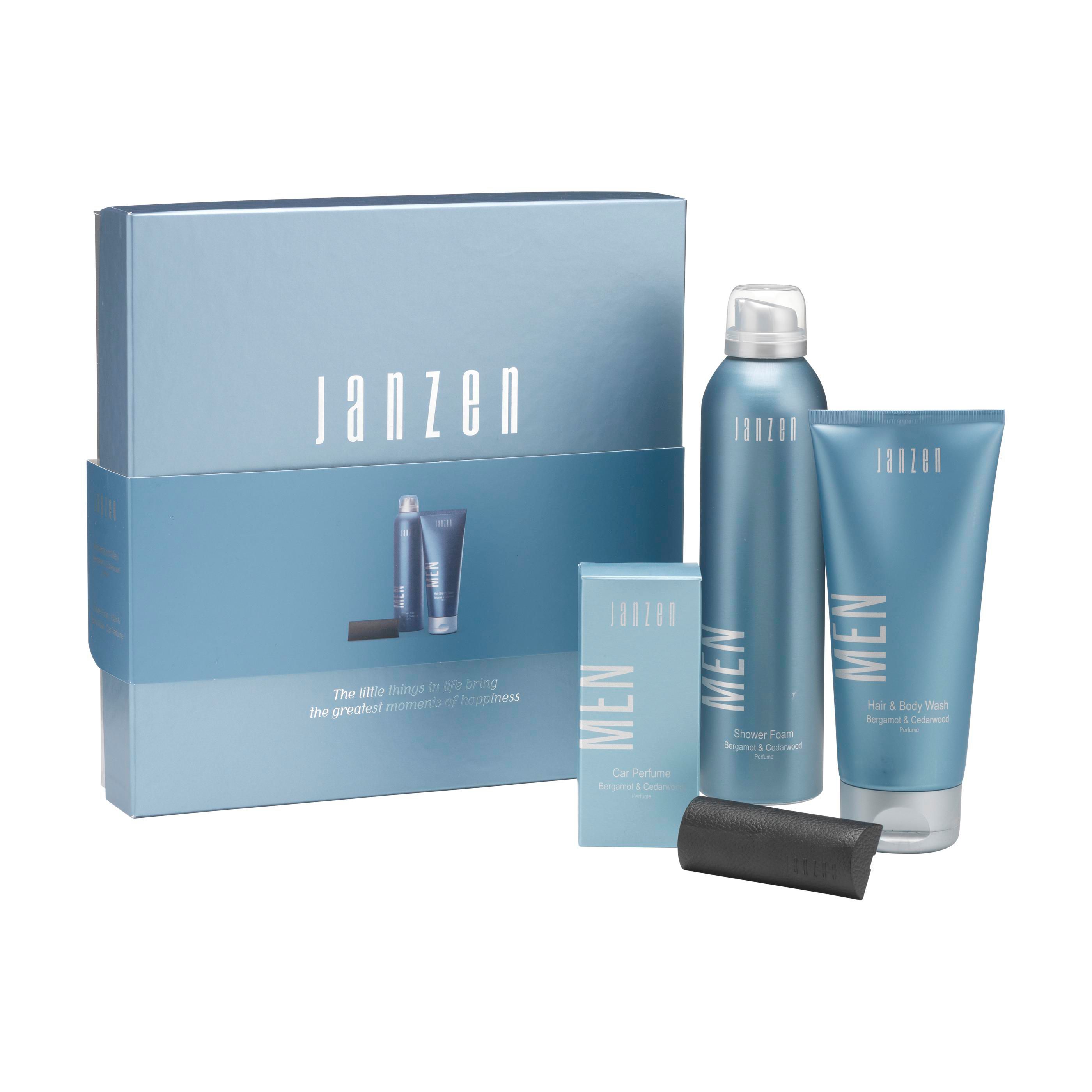 JANZEN geschenkset For Men M met 2 verzorgers en autoparfum bedrukken met logo
