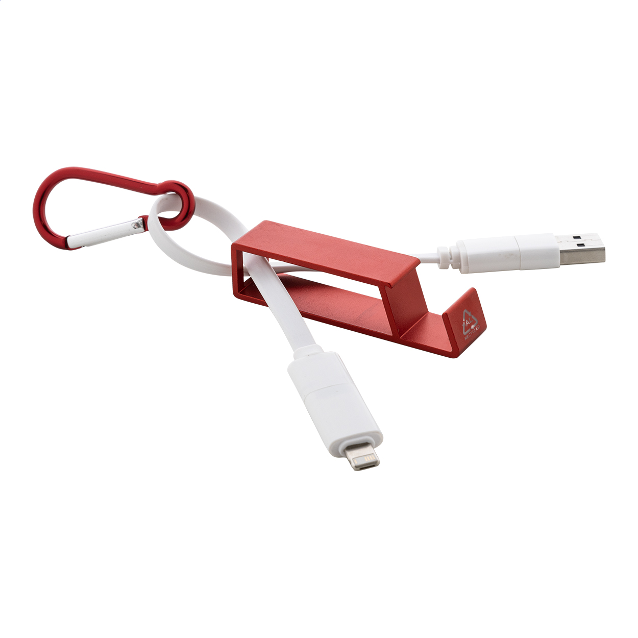 Cappy USB laadkabel met karabijnhaak van gerecycled aluminium, logo bedrukken met logo