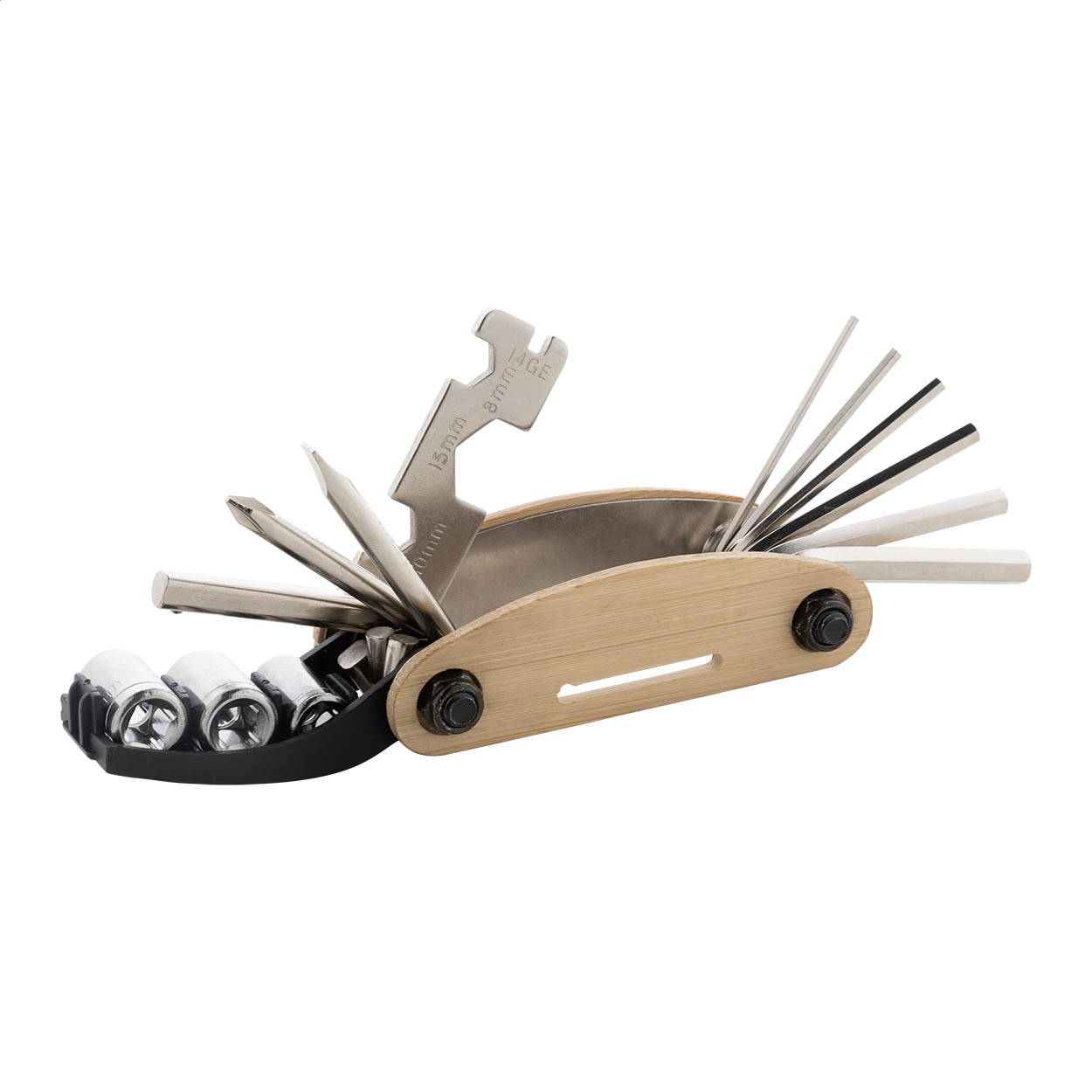 Tsubo rvs multitool met bamboe handvat en 14 functies, met logo