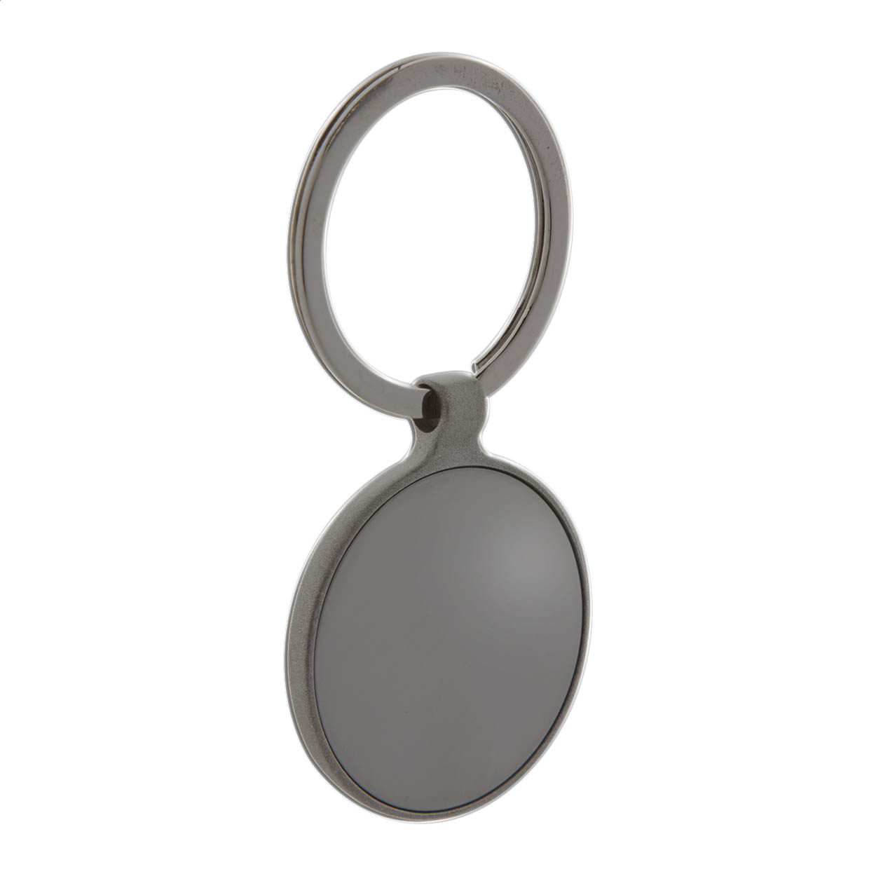 Steyr ronde metalen sleutelhanger gunmetal met logo, in geschenkdoos