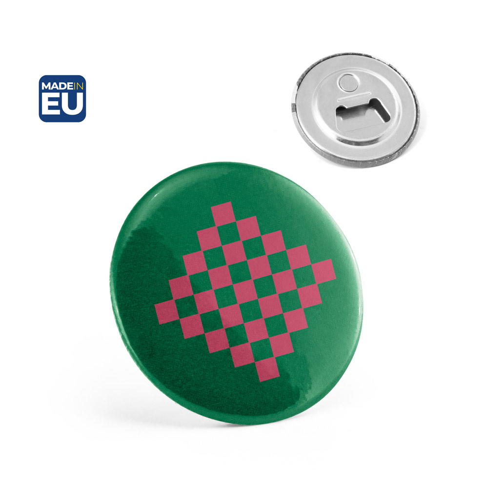 Button P'IN 12. Button P'IN 12. Magnetische button met flesopener bedrukken met logo